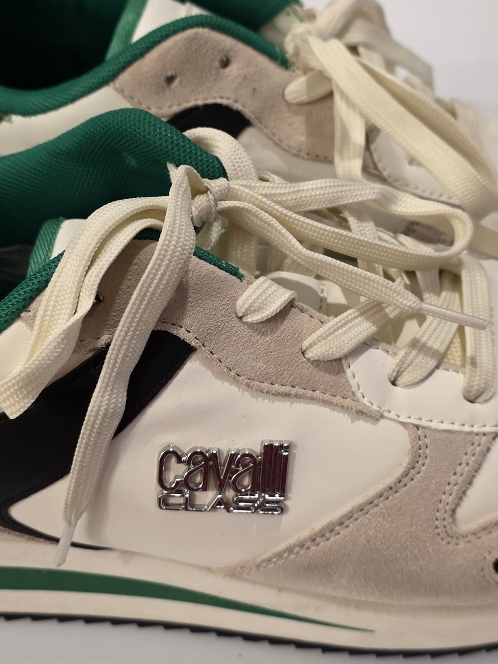 Cavalli Class White, Green & Beige Suede-Trim Sneakers